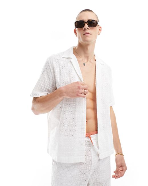 ASOS White Short Sleeve Co-ord Relaxed Revere Collar Broderie Shirt for men