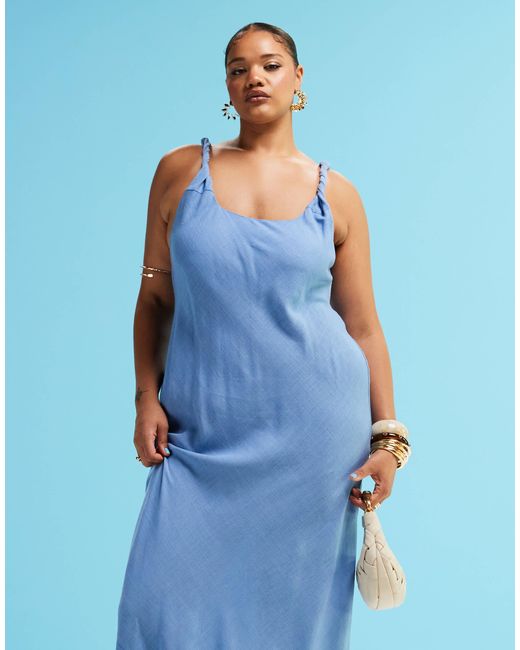 ASOS Blue Asos Design Curve Linen Mix Twist Strap Bias Maxi Dress