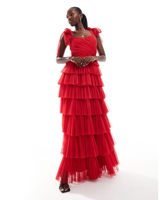 Robe longue a volants en tulle avec epaules nouees LACE BEADS en coloris Rouge Lyst