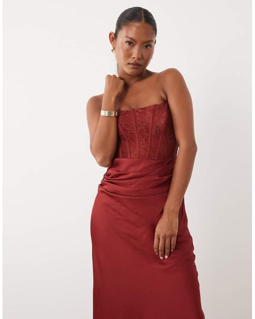 Forever New Red Lace Corset Drape Detail Satin Maxi Dress