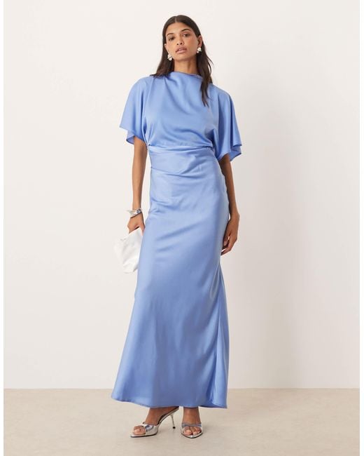 ASOS Women's Blue Satin High Neck Blouson Maxi Dress With Flutter