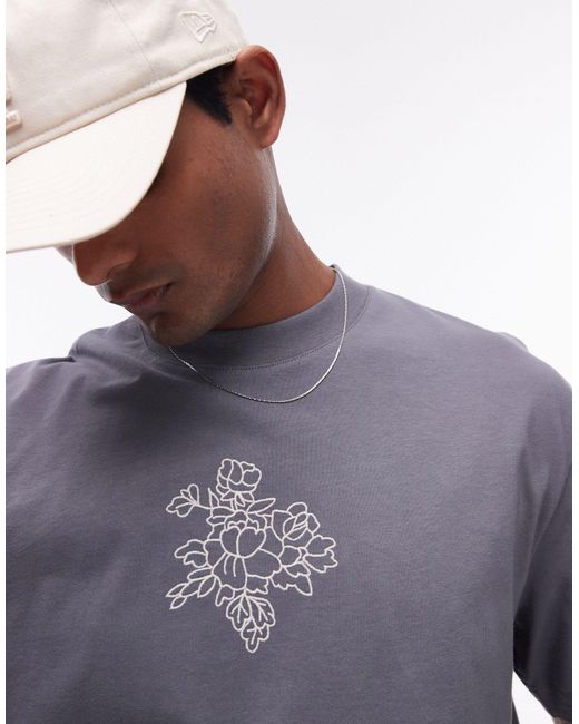 Topman Gray Oversized Fit T-shirt With Floral Embroidery for men