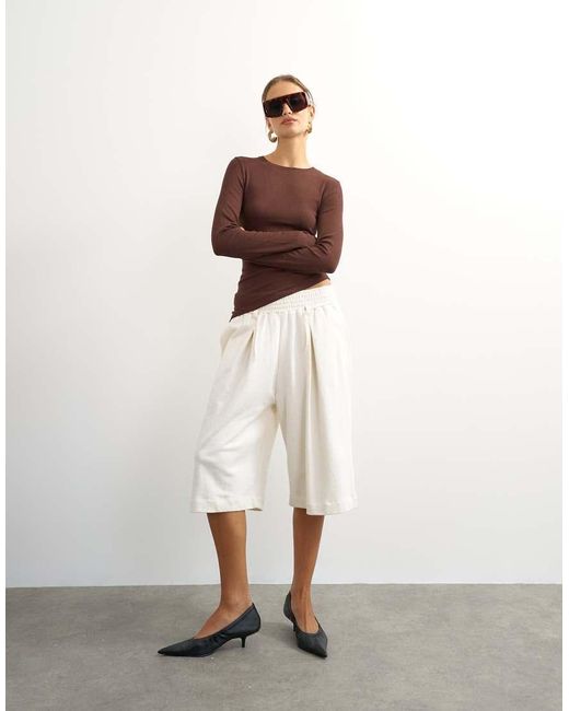 TOPSHOP Brown Premium Rib Ruched Asymmetric Hem Long Sleeve Top