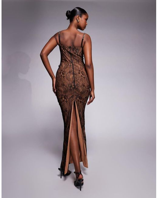 The Dolls House Brown Francesca Lace Cup Detail Maxi Dress With Chain Belt Detail