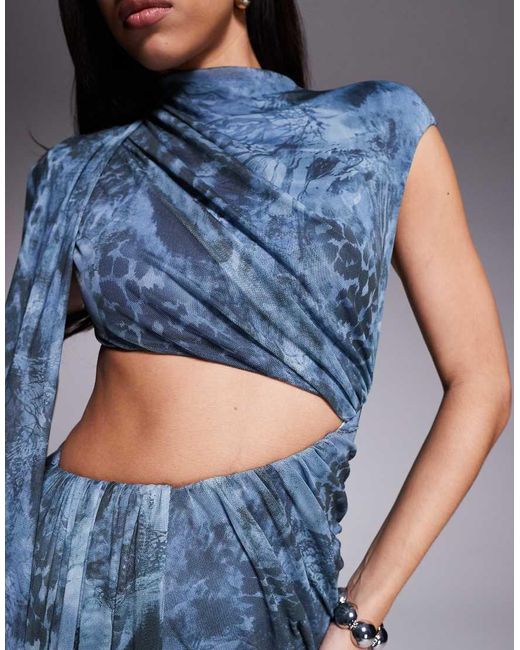 ASOS Blue Printed Mesh Drape Cut Out Maxi Dress