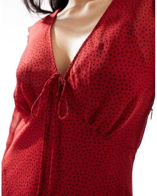 Mango Red V Neck Spot Print Midi Dress