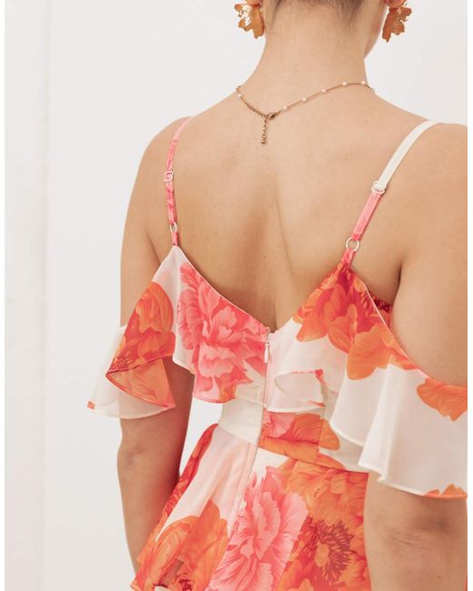 ANAYA Orange Floral Cold Shoulder Tiered Maxi Dress
