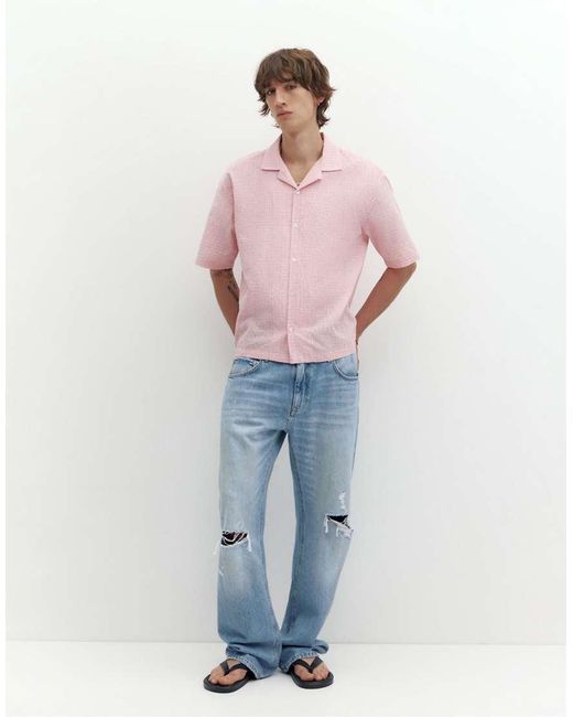 Pull&Bear Pink Short Sleeve Check Shirt for men