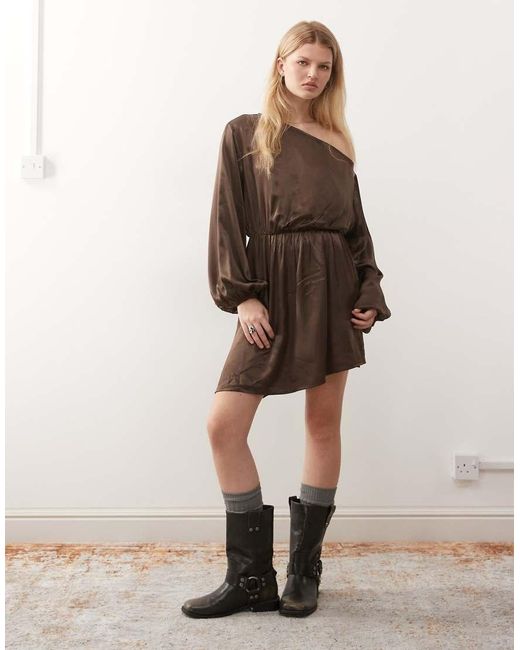 Reclaimed Vintage Natural Off The Shoulder Balloon Sleeve Satin Asymmetric Dress