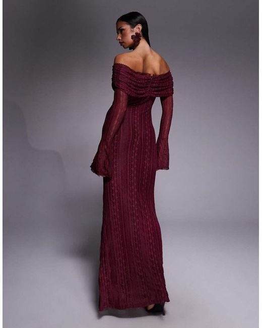 Aria Cove Purple Pointelle Knit Bardot Flare Sleeve Maxi Dress