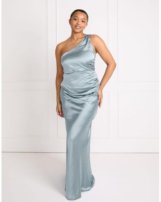 Six Stories Blue Bridesmaid Satin One Shoulder Bias Maxi Dress