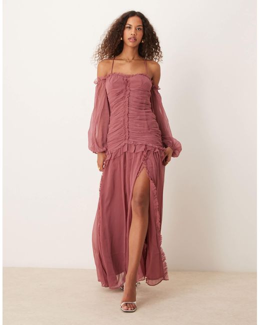ASOS Pink Off Shoulder Long Sleeve Ruched Cami Maxi Dress With Dropped Waist