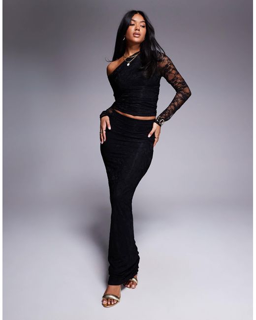 Kaiia Blue Off Shoulder Long Sleeve Lace Top