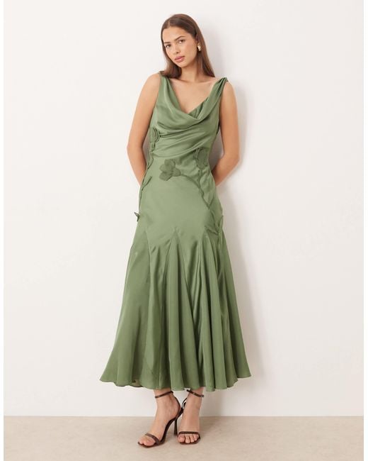 green emerald velvet dress & Other Stories satin long sleeve maxi dress with drape back in green – ASOS  Sample Sale main image 1
