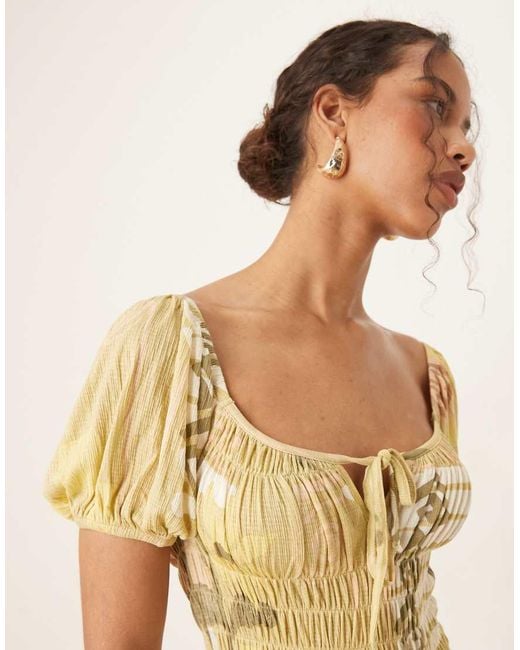 ASOS Metallic Crinkle Shirred Waist Milkmaid Puff Sleeve Midi Tea Dress