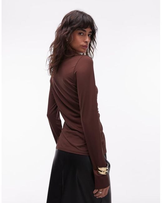 ASOS Brown Slinky Ruched Hook And Eye Longline Top