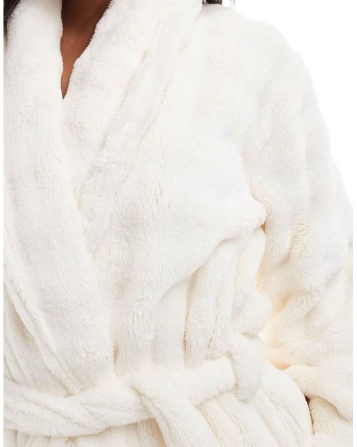 Loungeable White Bubble Cut Fleece Shawl Collar Midi Robe