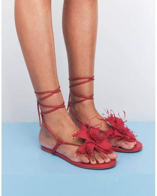 Public Desire Red Becca Raffia Flower Flat Sandals