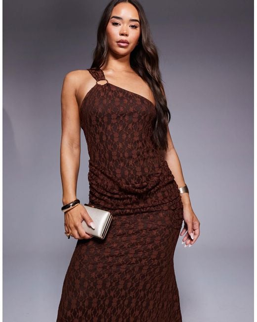 ASOS Brown Ring Detail One Shoulder With Gauging Detail Maxi Dress