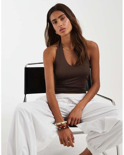 Pieces Brown Slinky Halter Neck Top