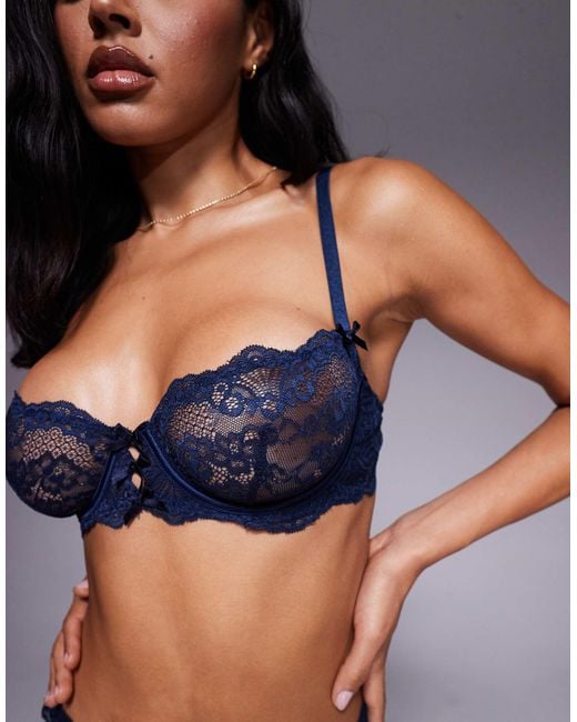 ASOS Blue Kaia Lace Underwired Balcony Bra With Satin Bows