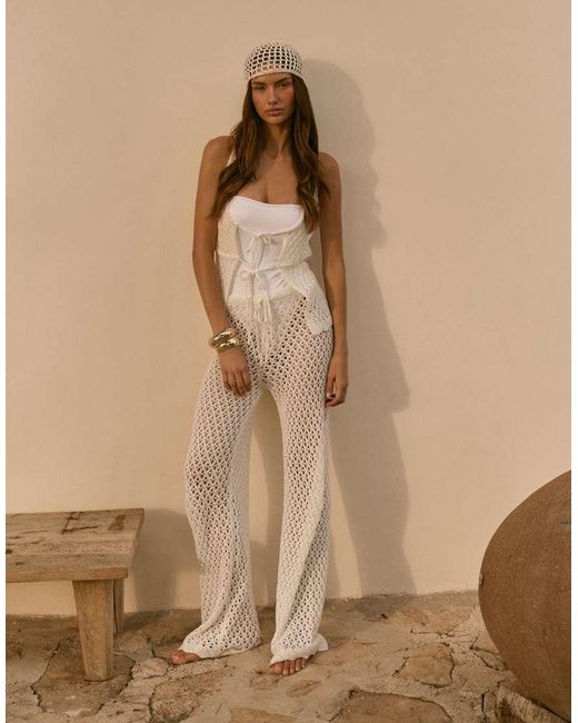 4th & Reckless Natural Cotton Blend Crochet Tie Waist Wide Leg Beach Pants