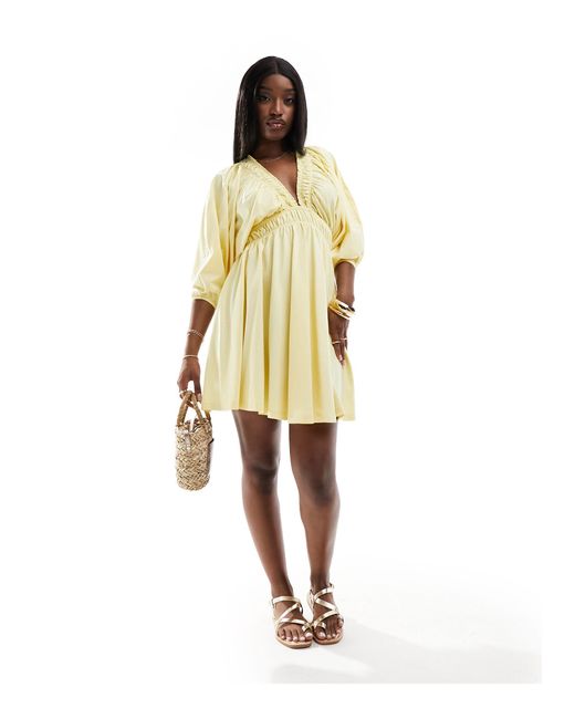 ASOS Yellow Plunge Elastic Tea Mini Dress With Ruched Waist