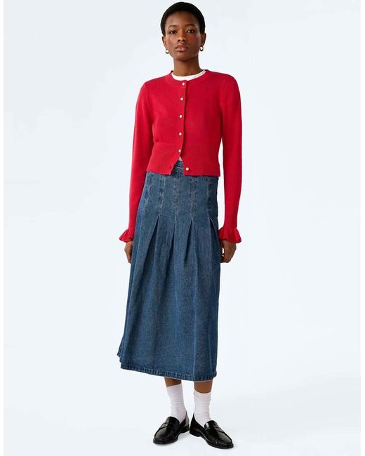 OMNES Red Skirts Pru Pleated Denim Midi Skirt