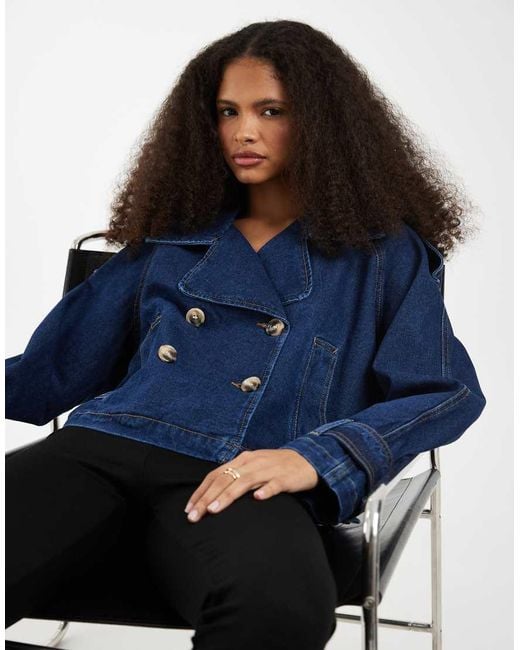 Vero Moda Blue Double Breasted Cropped Trench Coat