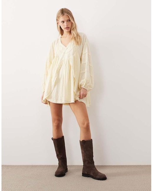 ASOS Natural V Neck Laundered Smock Mini Dress