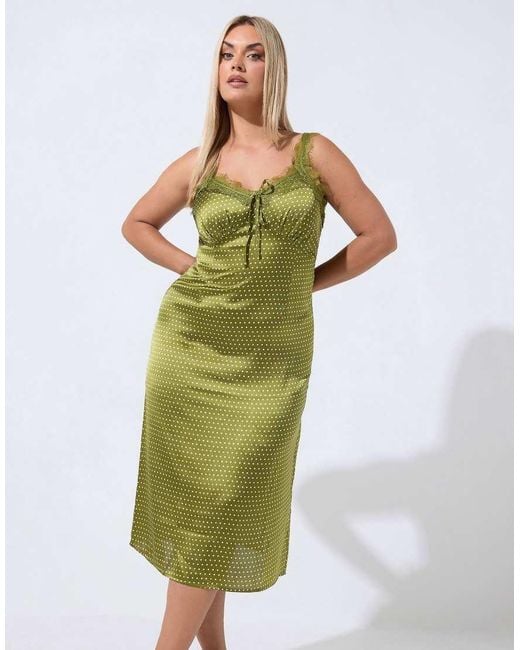 Yours Clothing Green Polka Dot Lace Trim Dress