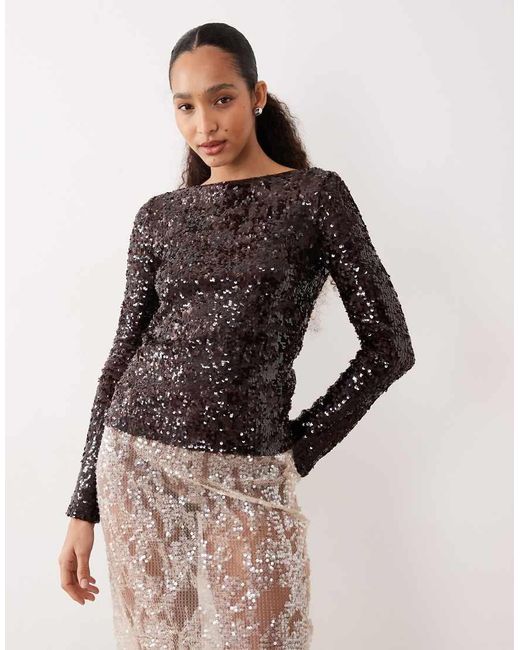 Mango Brown Sequin Long Sleeve Top