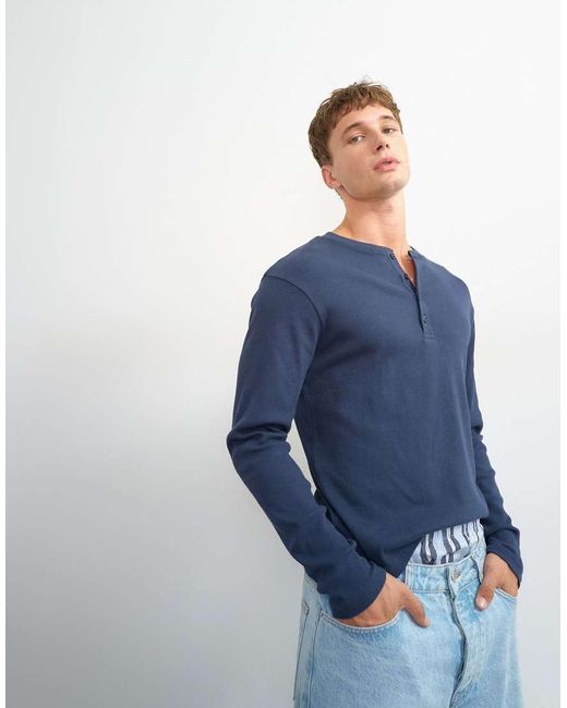 Topman Blue Classic Fit Long Sleeve Rib Henley T-shirt for men