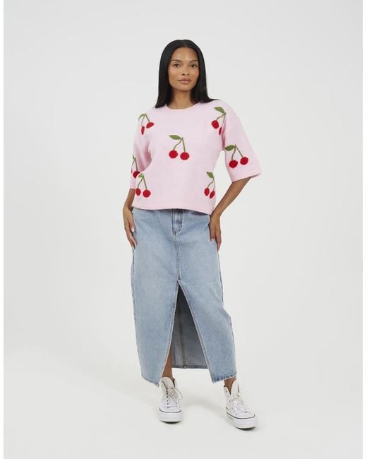 Brave Soul Pink Short Sleeve Cherry Jacquard Knit Jumper