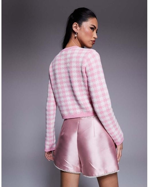 River Island Pink Checked Cropped Cardigan