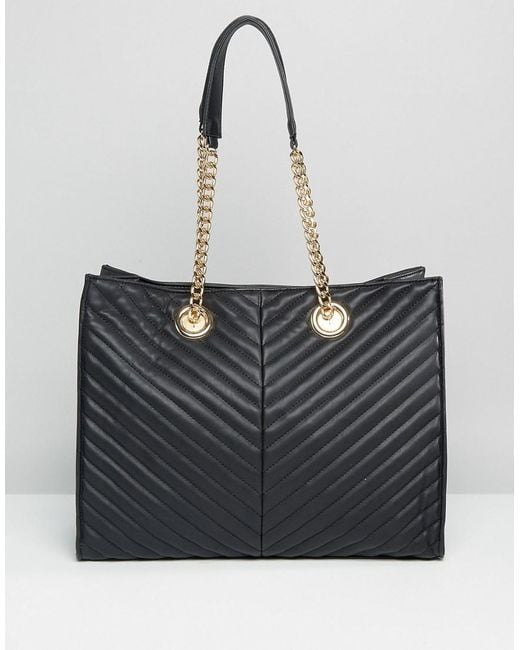 ASOS Black Quilted Chevron Tote Bag With Chain Handle