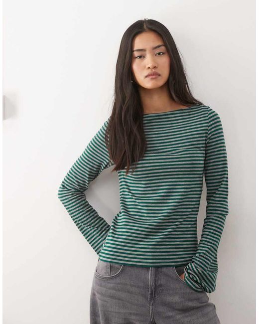 Weekday Green Annie Soft Boat Neck Long Sleeve Top