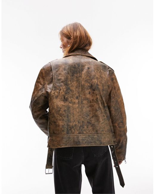 TOPSHOP Brown Real Leather Washed Crop Biker Jacket