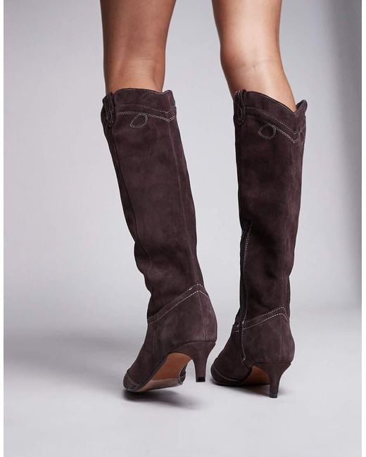 River Island Brown Knee High Heeled Suede Western Boot