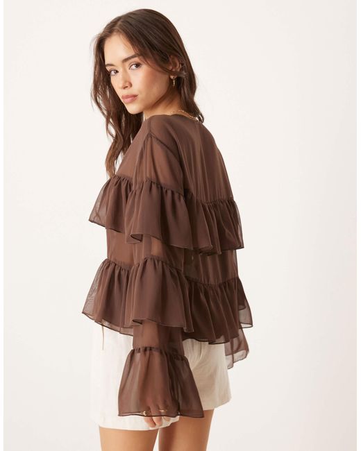 ASOS Brown Chiffon Tie Front Ruffle Blouse