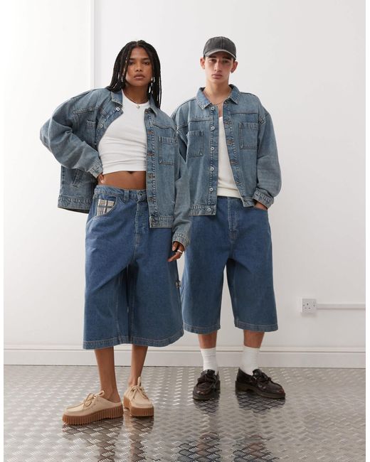 Collusion Blue Unisex Low Rise Check Jort