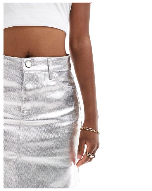 Threadbare White Metalic Denim Mini Skirt
