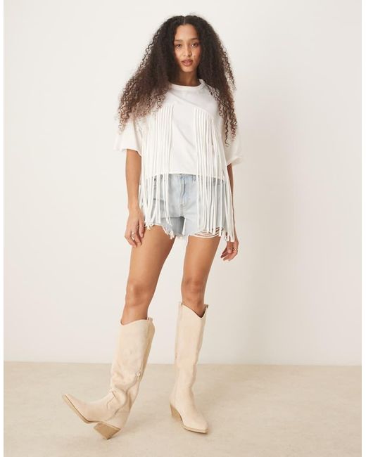 ASOS Recht Cropped T-Shirt Met Franjedetail in het Natural