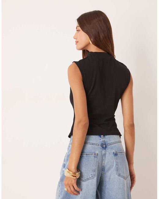 ASOS Black High Neck Drape Top With Cinched Waist