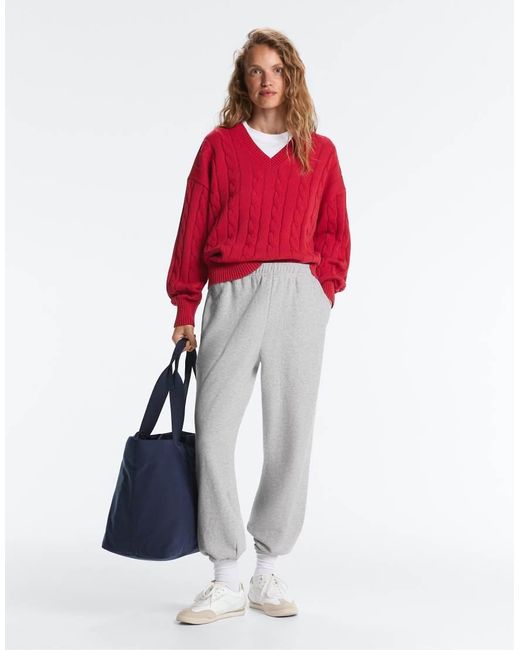 Oysho Red 100% Cotton Cable Knit V-Neck Jumper