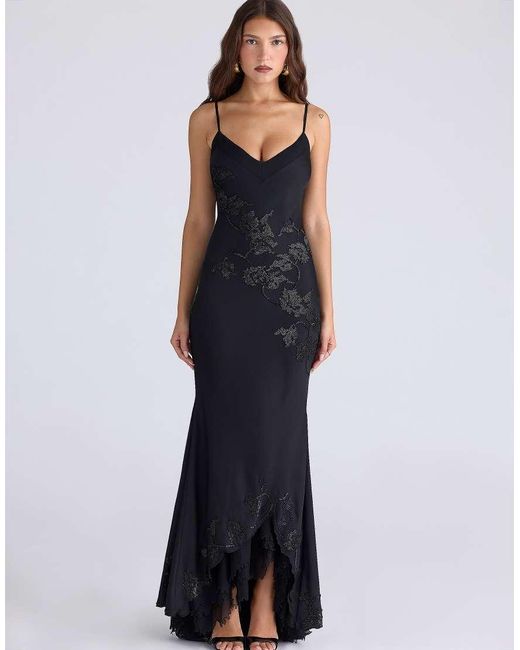 House Of Cb Blue Anastelle Hand Beaded Embellished Satin Maxi Dress