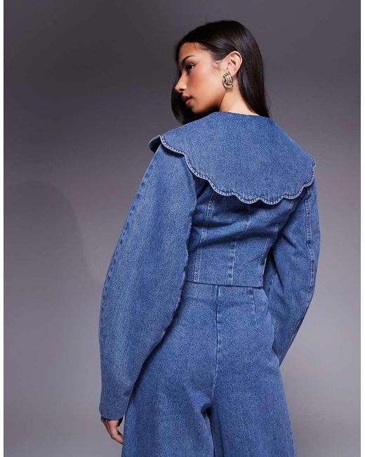 ASOS Blue Co-Ord Denim Cropped Blazer With Oversized Collar