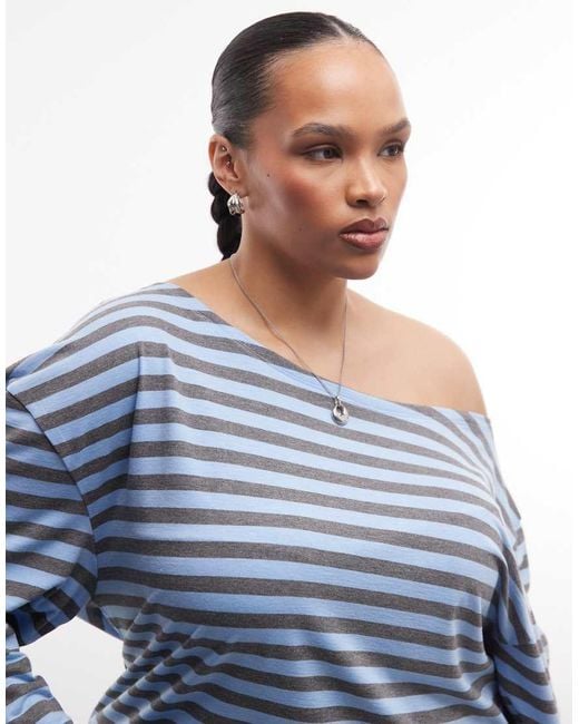 Collusion Blue Plus Long Sleeve Off The Shoulder Stipe Top