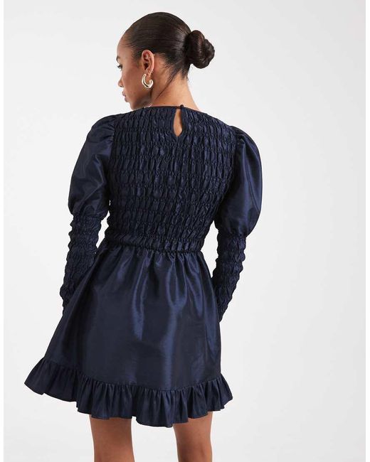 Daisy Street Blue Shirred Volume Sleeve Mini Dress