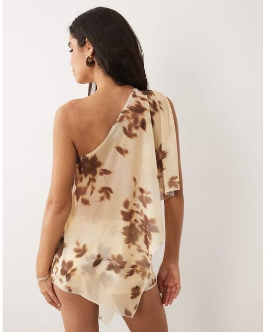 ASOS Natural Co-ord Printed Stretch Chiffon Asymmetric Cape Top
